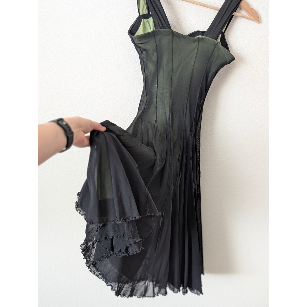 Elana Kattan Y2K Black Green Mesh Overlay Lettuce Hem Dress S Fairy Whimsigoth